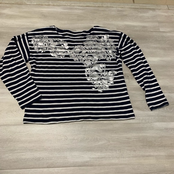 J. Crew Navy Striped Silver Floral Long Sleeve L - Picture 2 of 6